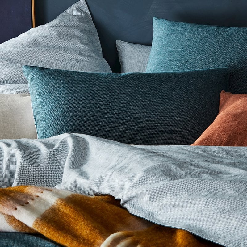 Vintage Washed Linen Cotton Teal Check Pillowcase