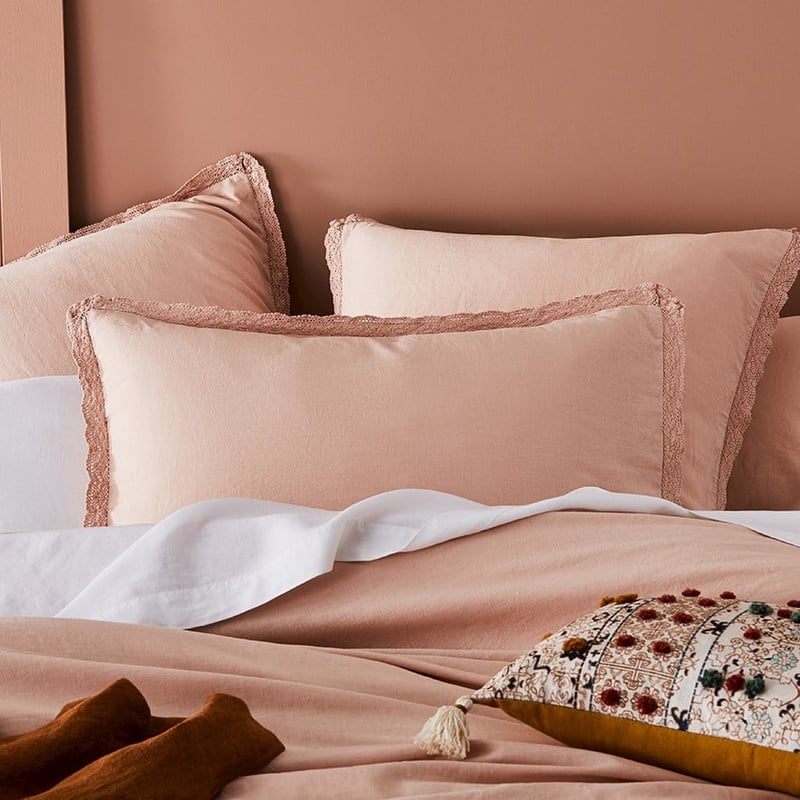 Vintage Washed Linen Cotton Rose Dust Lace Pillowcase