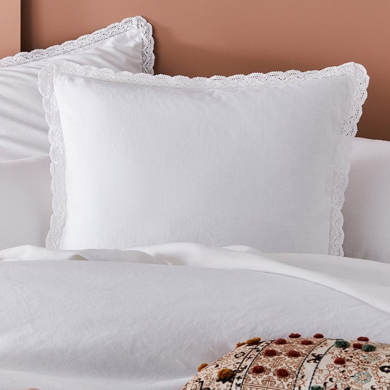Vintage Washed Linen Cotton White Lace Pillowcase
