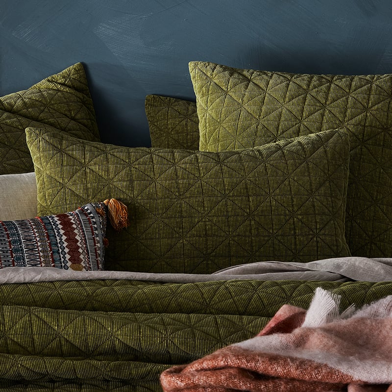 Vintage Washed Corduroy Quilted Antique Green Pillowcase