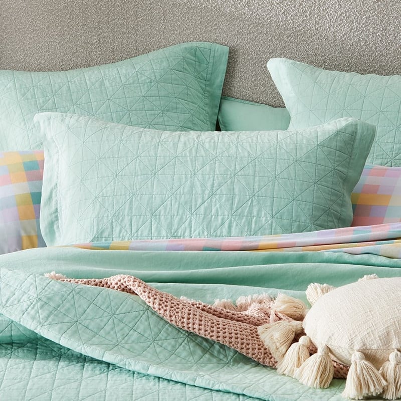 Vintage Washed Linen Dusty Mint Quilted Pillowcase