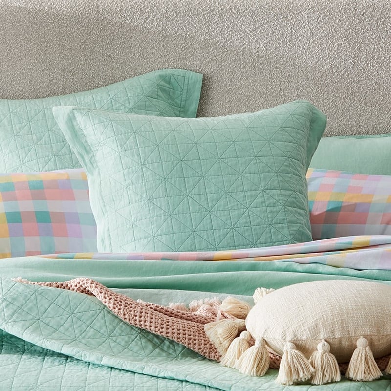Vintage Washed Linen Dusty Mint Quilted Pillowcase