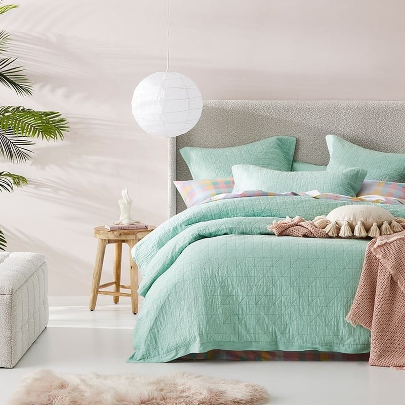 Vintage Washed Linen Dusty Mint Quilted Pillowcase