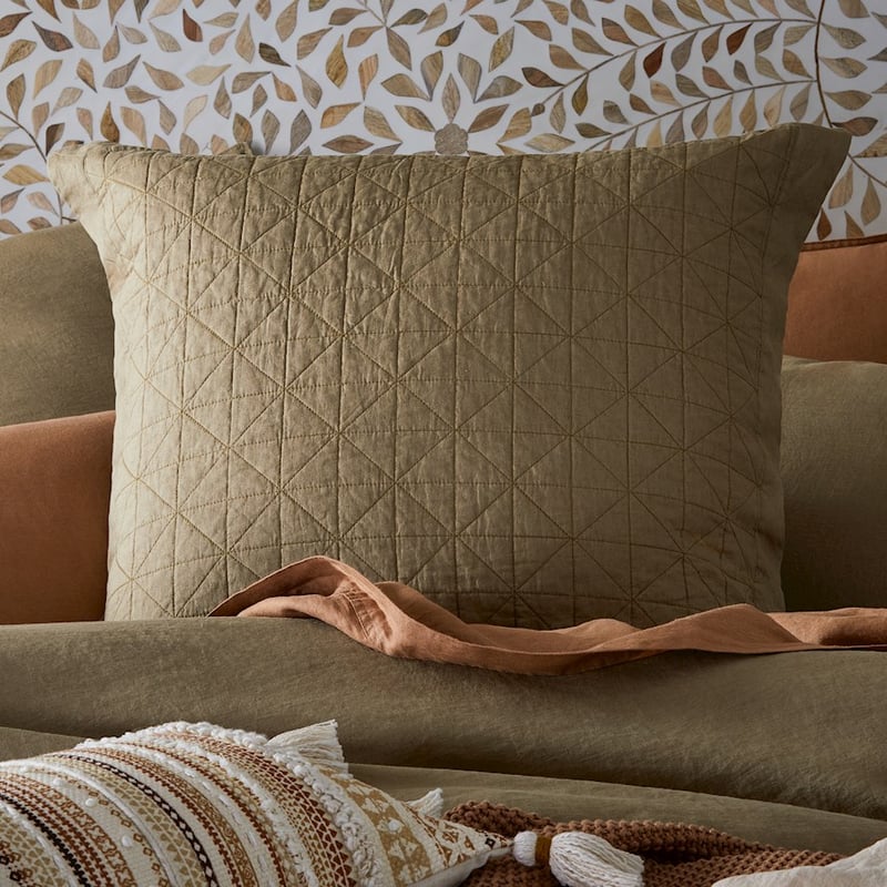 Vintage Washed Linen Soft Olive Quilted Pillowcase