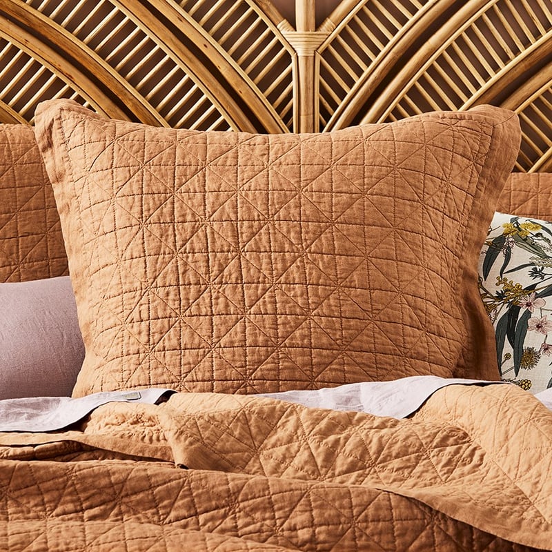 Vintage Washed Linen Caramel Quilted Pillowcase