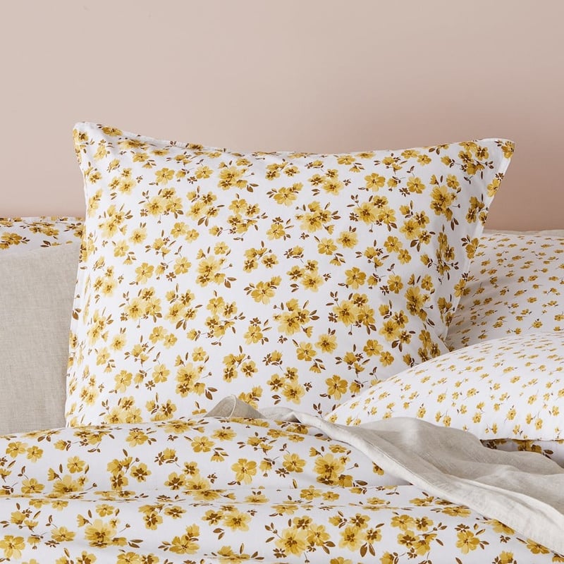 Stonewashed Cotton Printed Mustard Floral Pillowcase