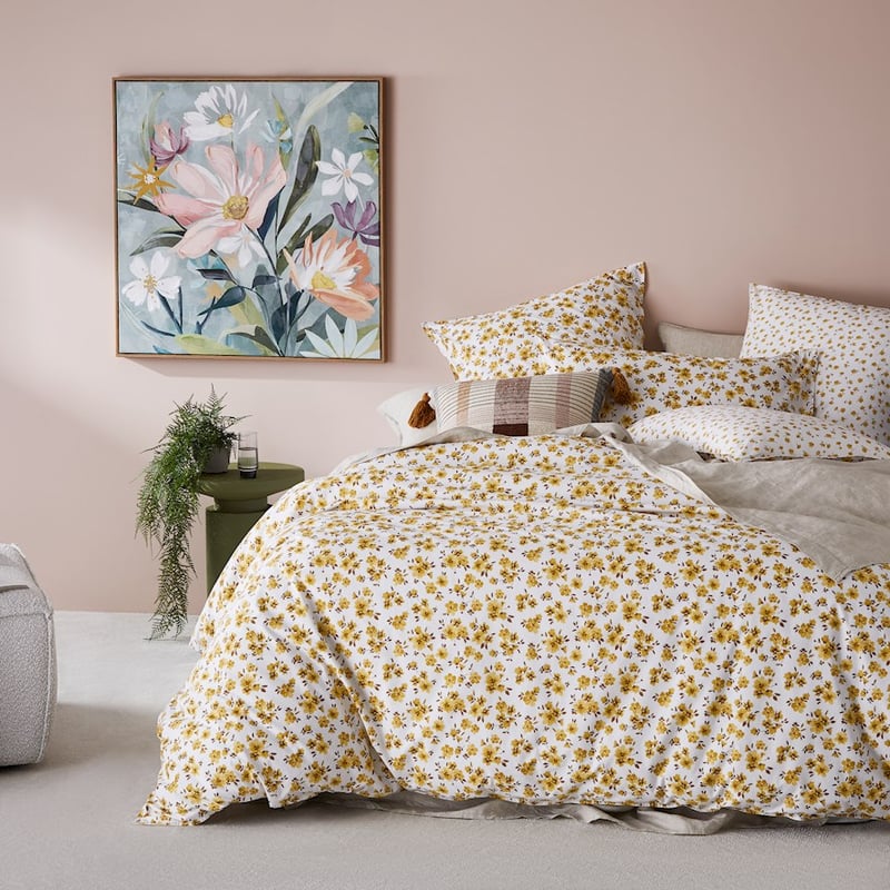 Stonewashed Cotton Printed Mustard Floral Pillowcase