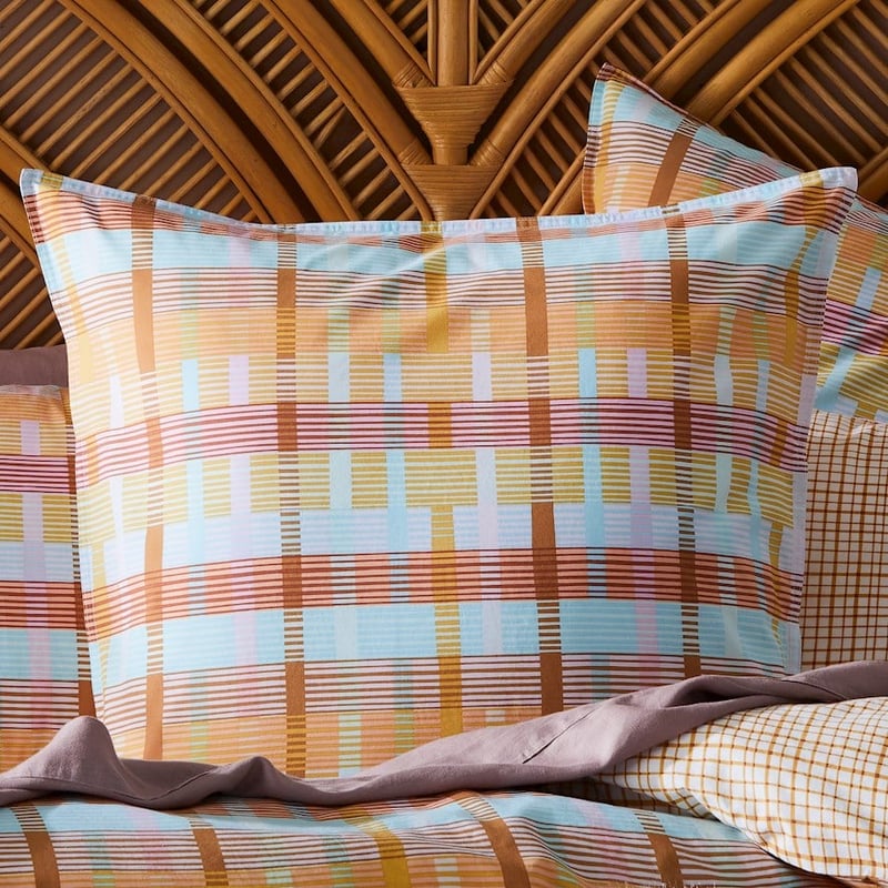 Stonewashed Cotton Printed Mustard Grid Pillowcase