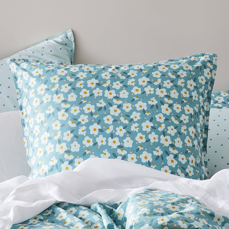 Stonewashed Printed Cotton Sage Daisy Pillowcase
