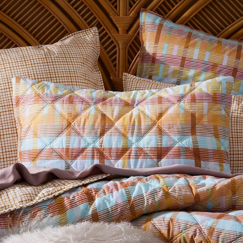 Stonewashed Cotton Printed Mustard Grid Quilted Pillowcase