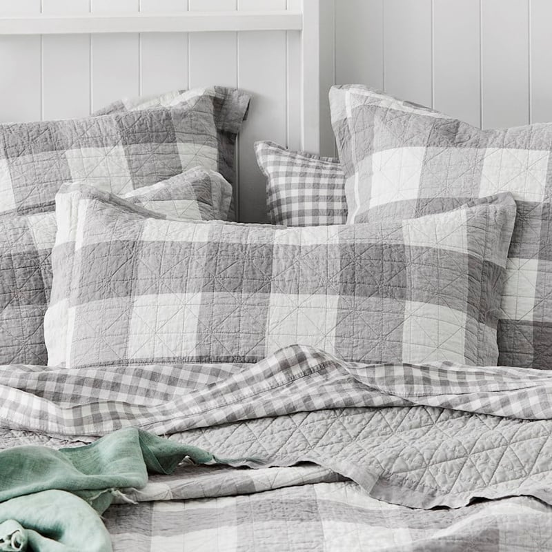Vintage Washed Linen Grey Marle Check Quilted Pillowcase