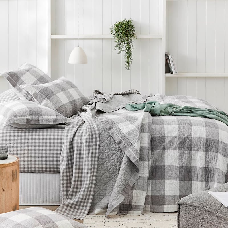 Vintage Washed Linen Grey Marle Check Quilted Pillowcase