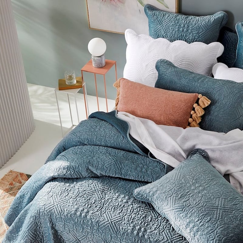 Vera Velvet Silver Blue Quilted Coverlet Separates