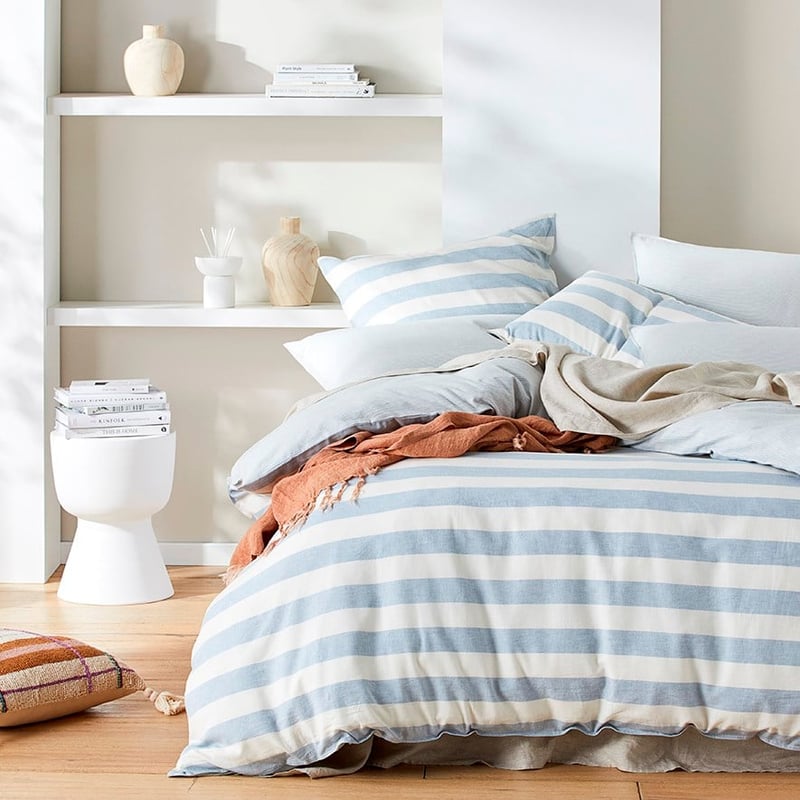 Vintage Washed Linen Sky Blue Stripe Quilt Cover Set + Separates
