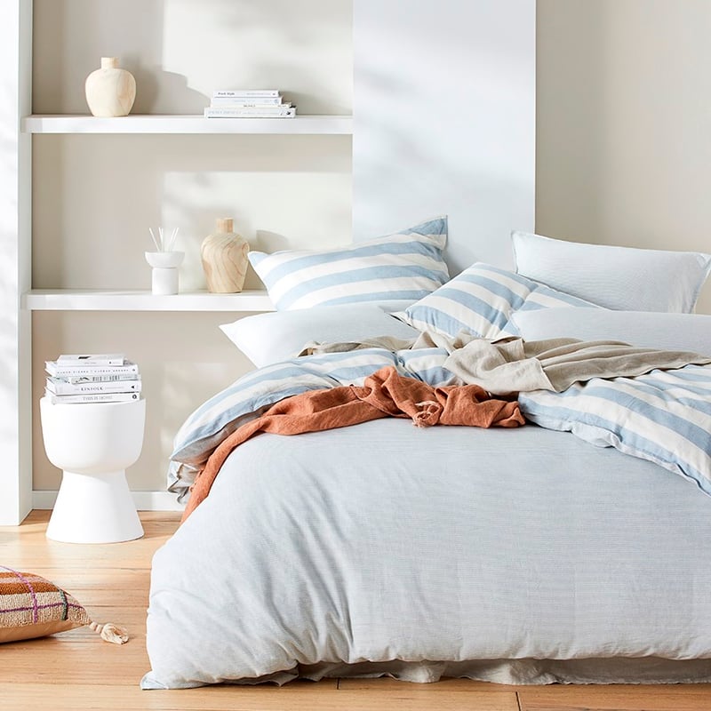 Vintage Washed Linen Sky Blue Stripe Quilt Cover Set + Separates