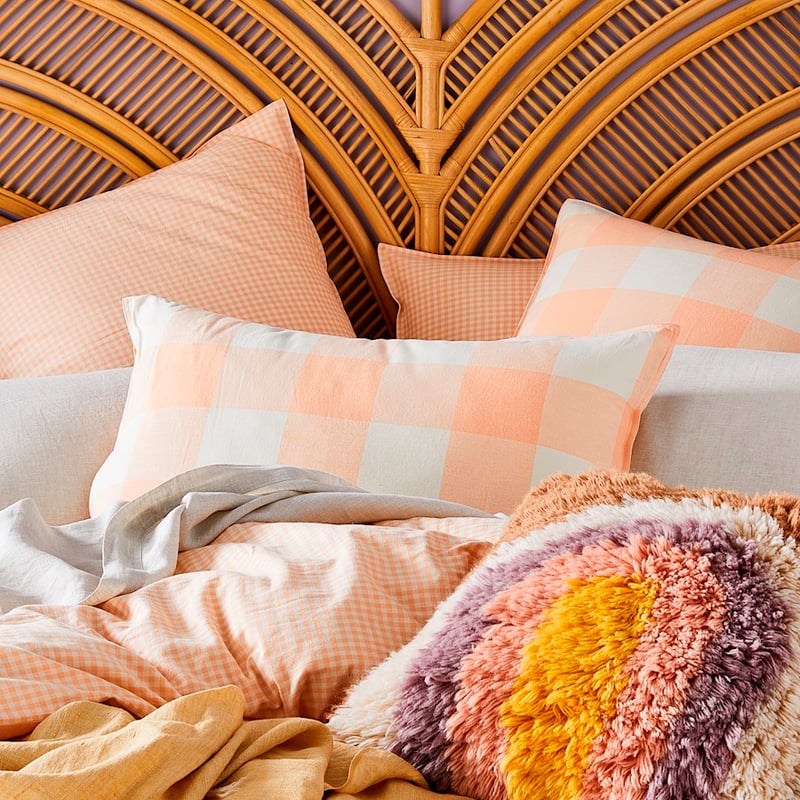 Vintage Washed Linen Peach Check Quilt Cover Set + Separates