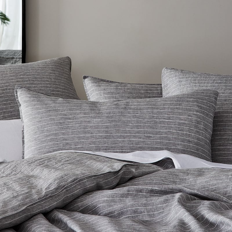 Vintage Washed Linen Grey Marle & White Stripe Quilt Cover Separates