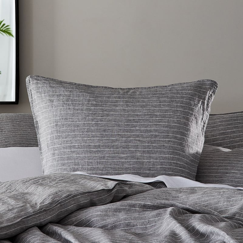Vintage Washed Linen Grey Marle & White Stripe Quilt Cover Separates