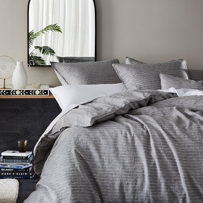 Vintage Washed Linen Grey Marle & White Stripe Quilt Cover Separates