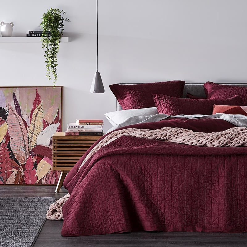 Vintage Washed Linen Bordeaux Quilted Coverlet Separates
