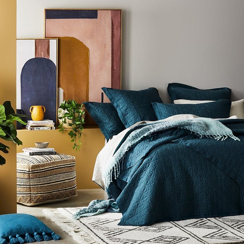 Vintage Washed Linen Deep Teal Quilted Coverlet Separates
