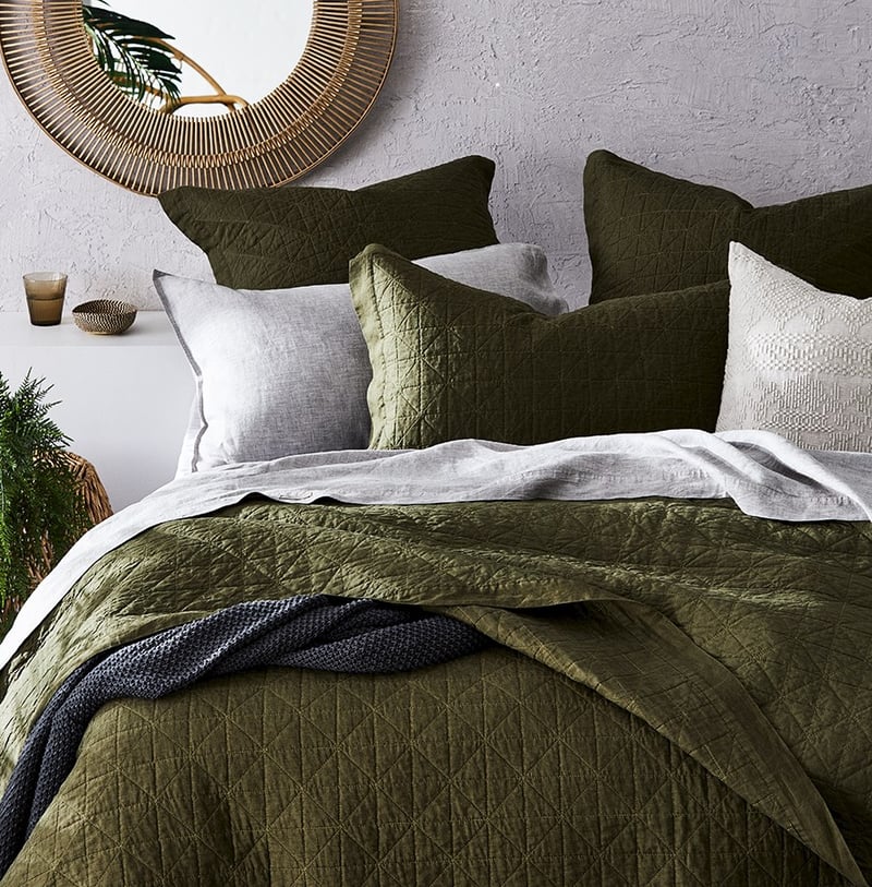 Vintage Washed Linen Moss Quilted Coverlet Separates