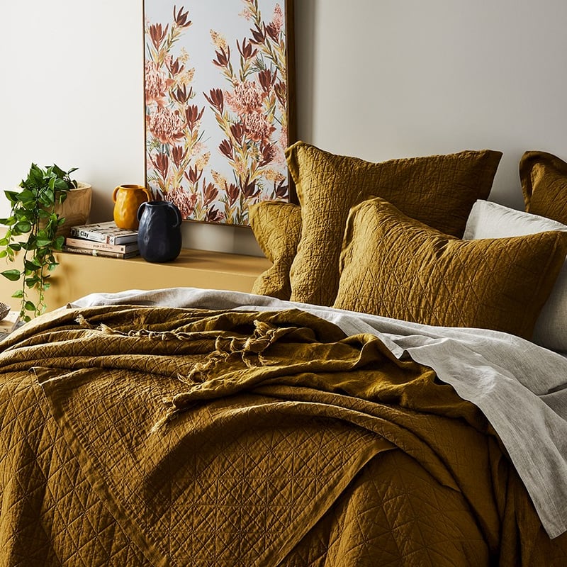 Vintage Washed Linen Olive Oil Quilted Coverlet Separates