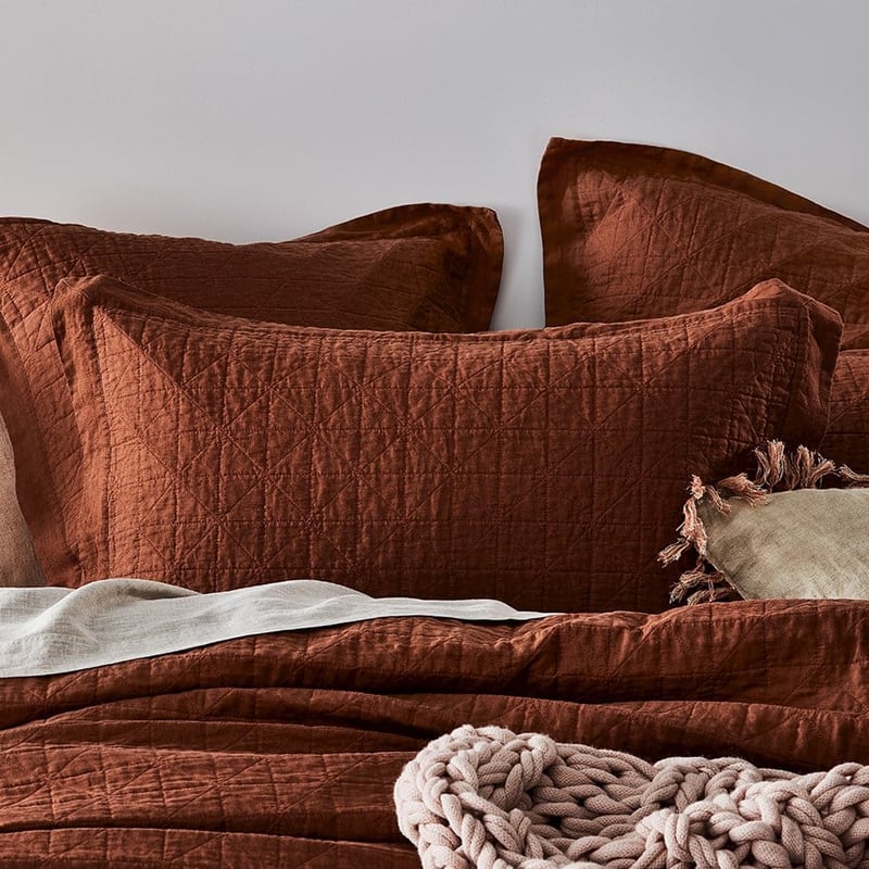 Vintage Washed Linen Paprika Quilted Coverlet Separates