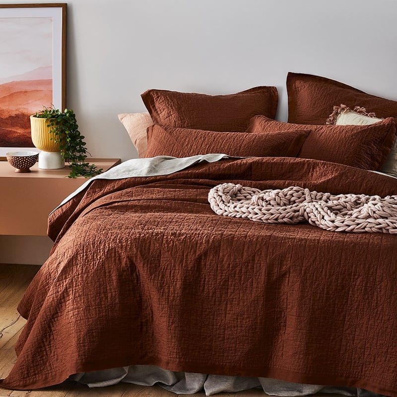 Vintage Washed Linen Paprika Quilted Coverlet Separates