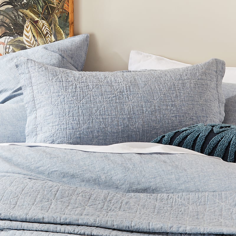 Vintage Washed Linen Sky Blue Quilted Coverlet Separates