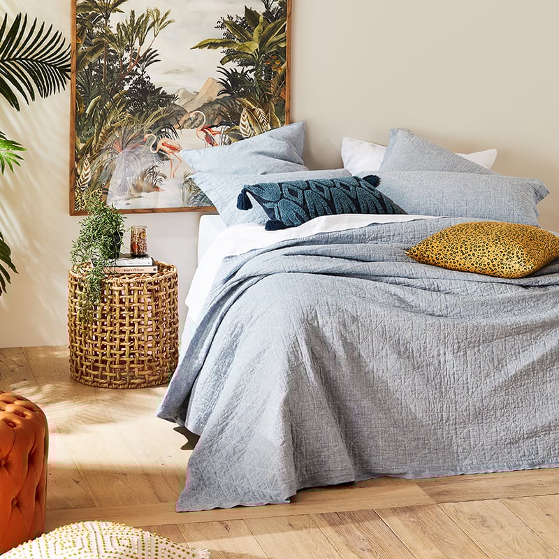 Vintage Washed Linen Sky Blue Quilted Coverlet Separates
