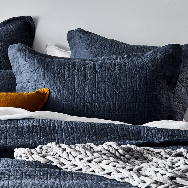 Vintage Washed Linen Steel Blue Quilted Coverlet Separates