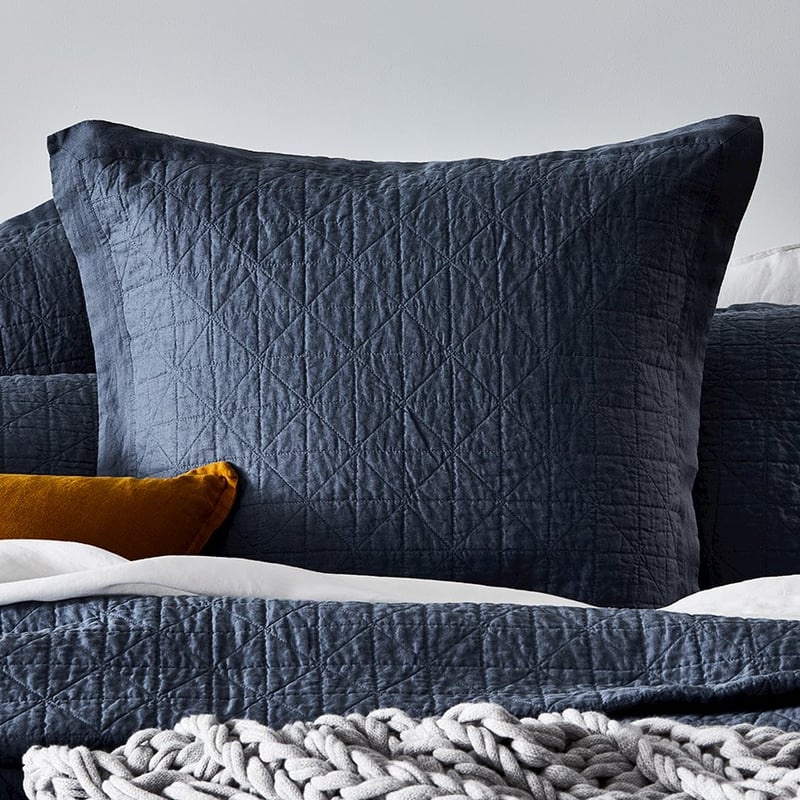 Vintage Washed Linen Steel Blue Quilted Coverlet Separates