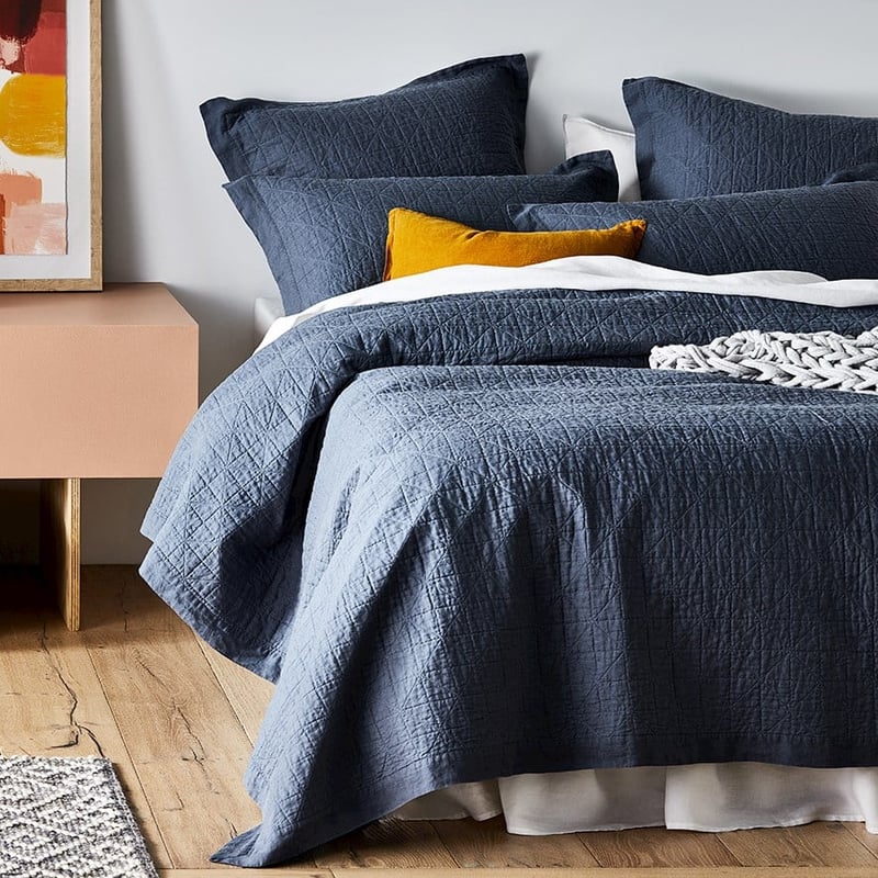 Vintage Washed Linen Steel Blue Quilted Coverlet Separates