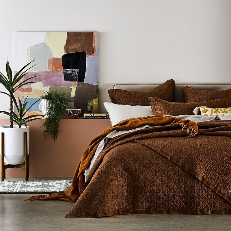 Vintage Washed Linen Tobacco Quilted Coverlet Separates