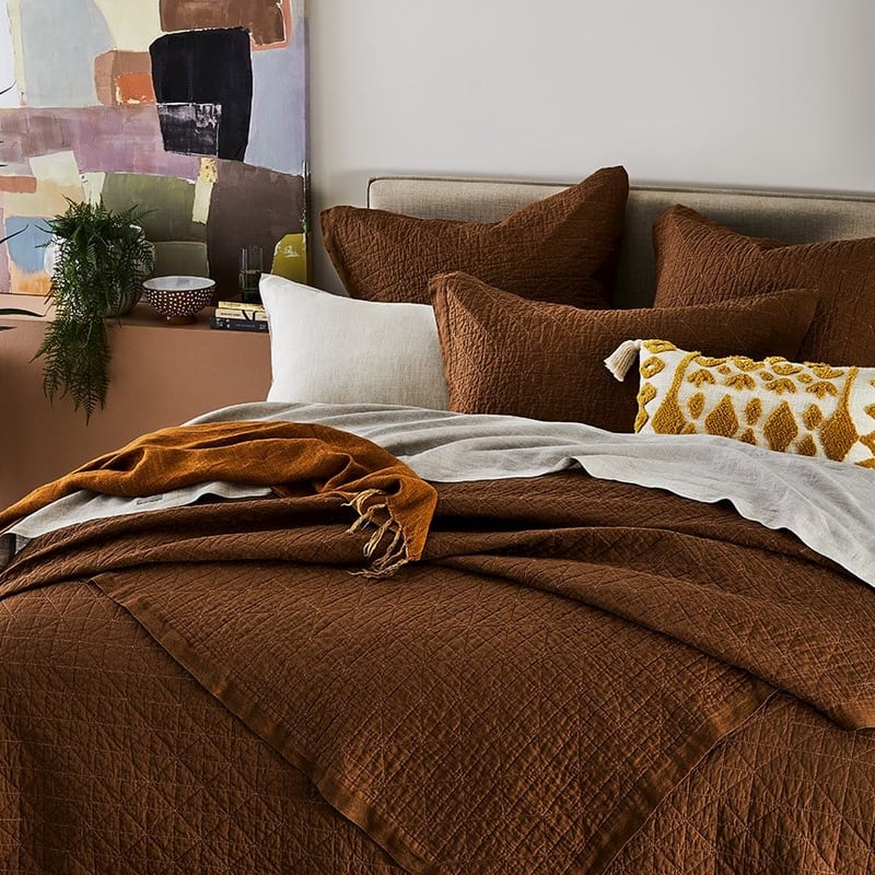 Vintage Washed Linen Tobacco Quilted Coverlet Separates