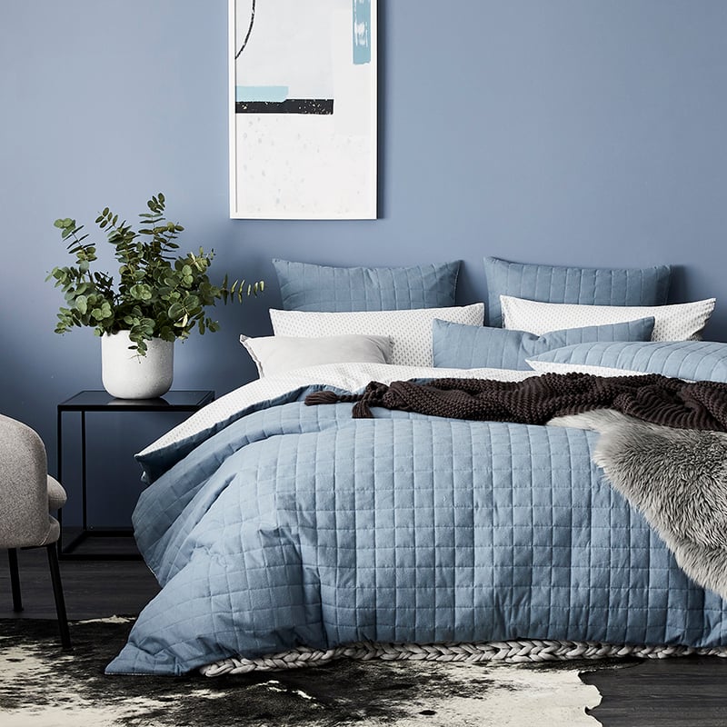 Geo Flannelette Quilted Blue Quilt Cover Set