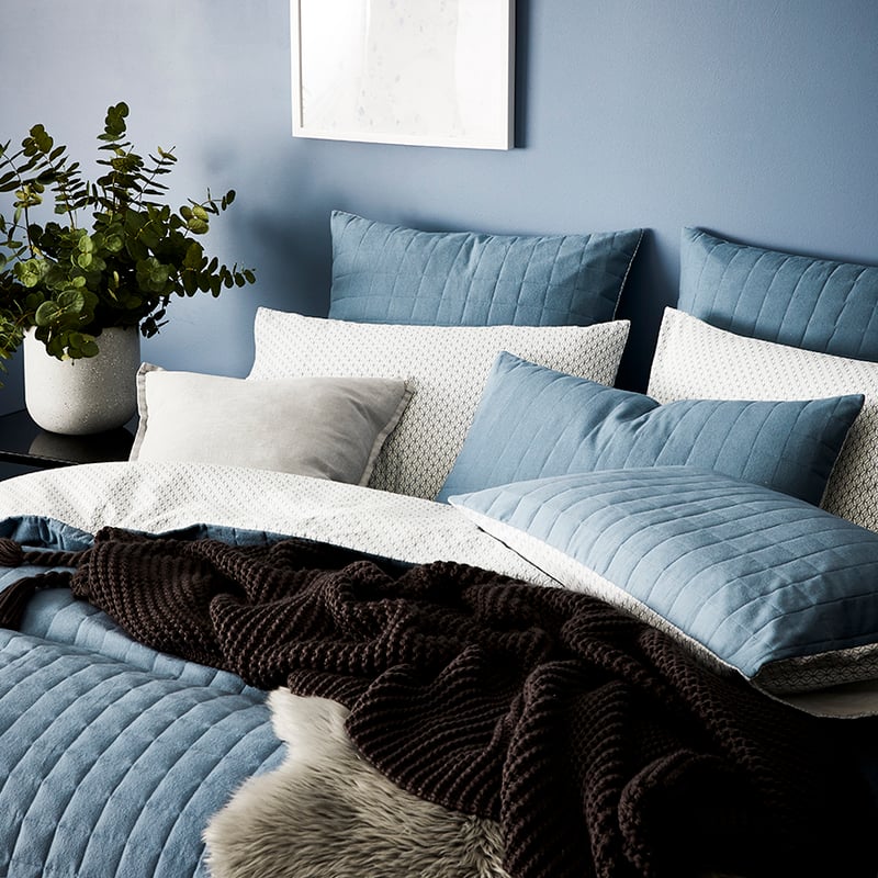 Geo Flannelette Quilted Blue Quilt Cover Set