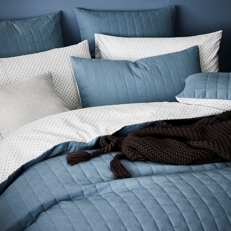 Geo Flannelette Quilted Blue Quilt Cover Set