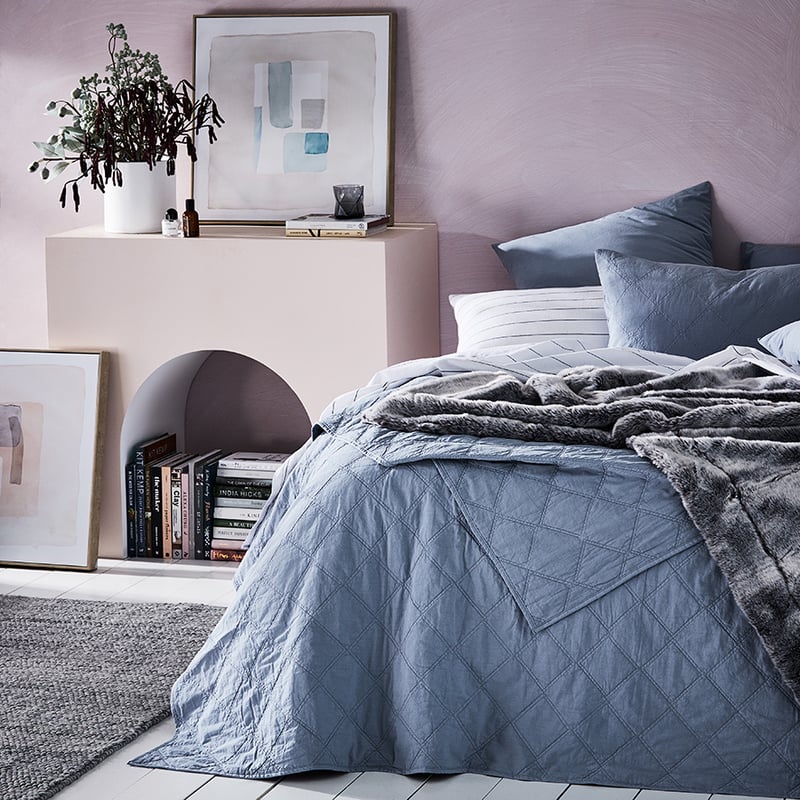 Stonewashed Cotton Dusty Blue Quilted Coverlet Separates