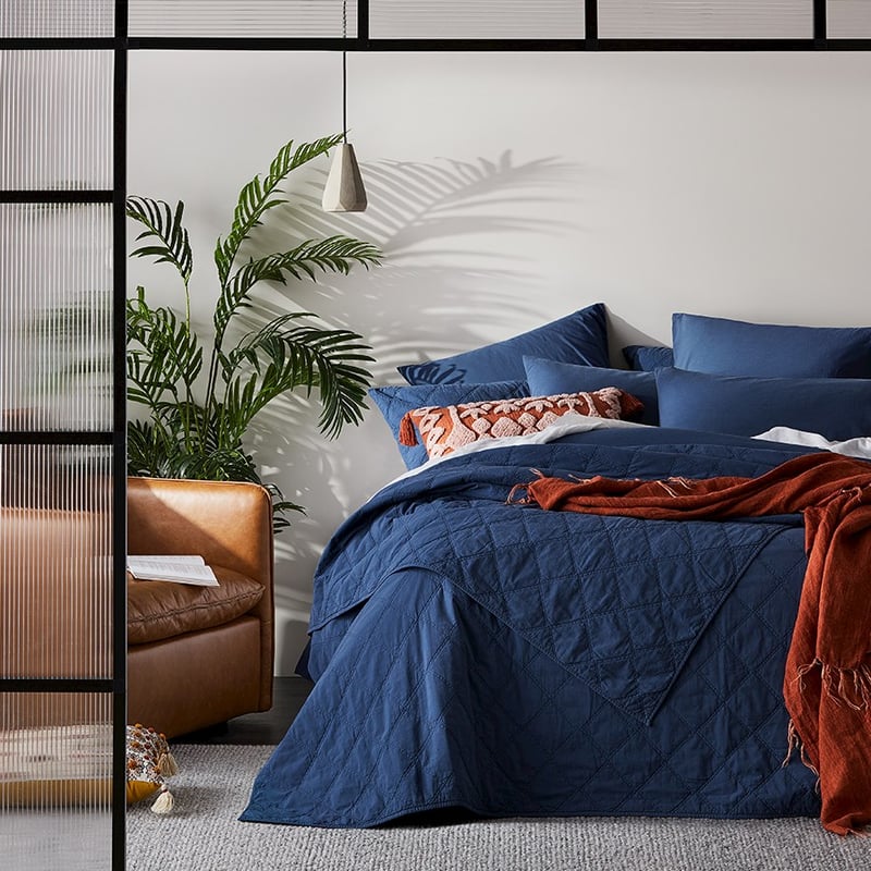 Stonewashed Cotton China Blue Quilted Coverlet Separates