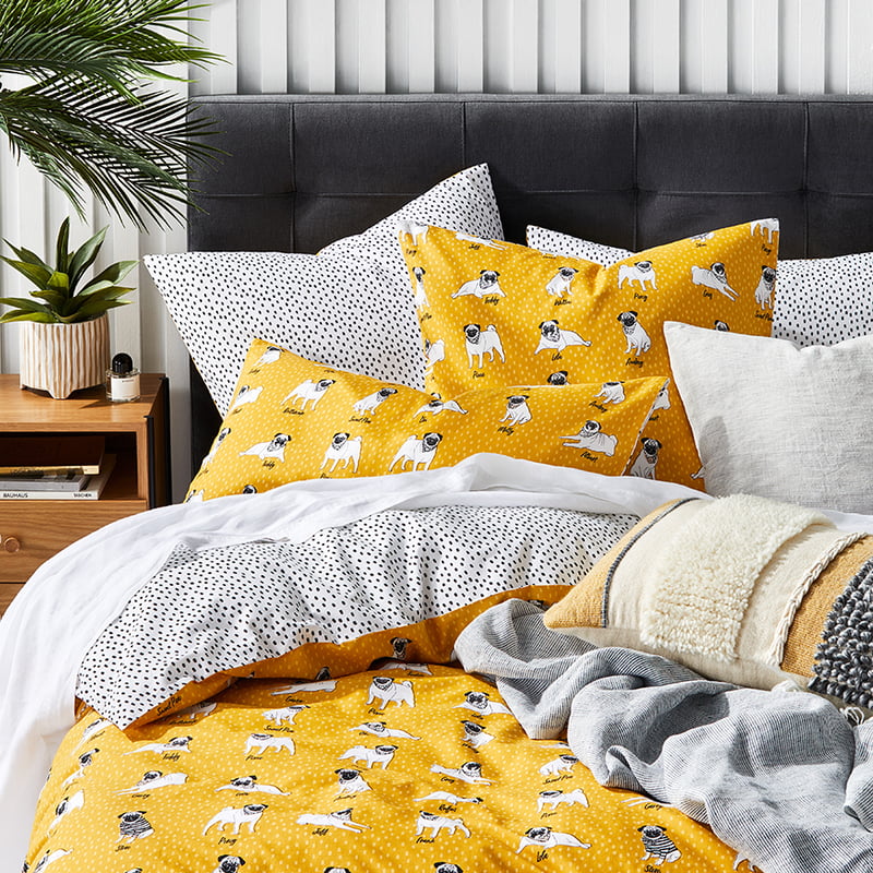 Percy Pug Mustard Quilt Cover Set + Separates