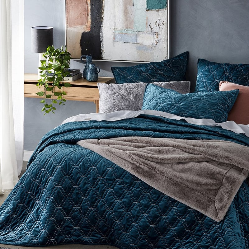 Valentina Velvet Petrol Blue Quilted Coverlet Separates