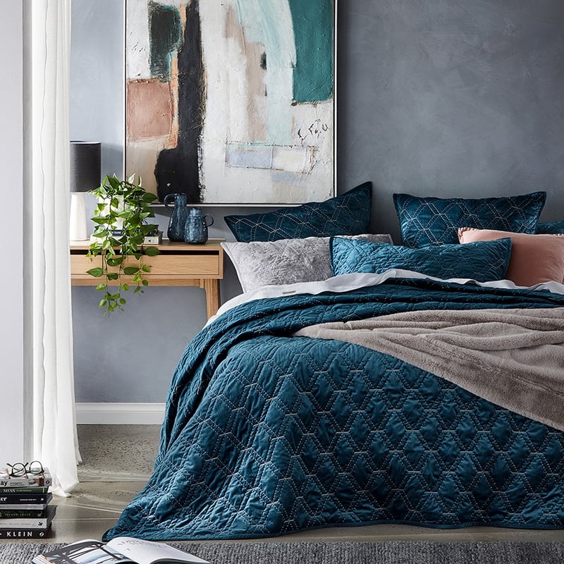 Valentina Velvet Petrol Blue Quilted Coverlet Separates