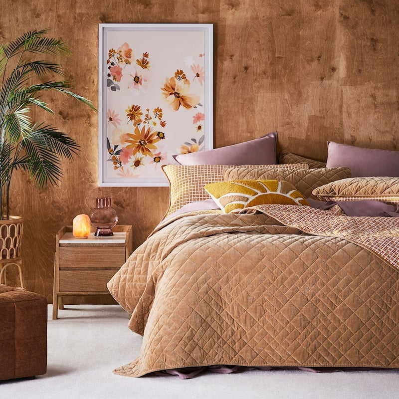 Chelsea Velvet Inca Gold Quilted Coverlet + Pillowcases