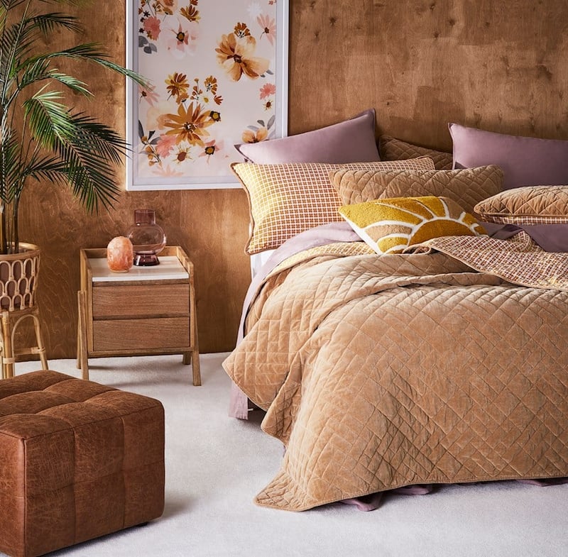 Chelsea Velvet Inca Gold Quilted Coverlet + Pillowcases