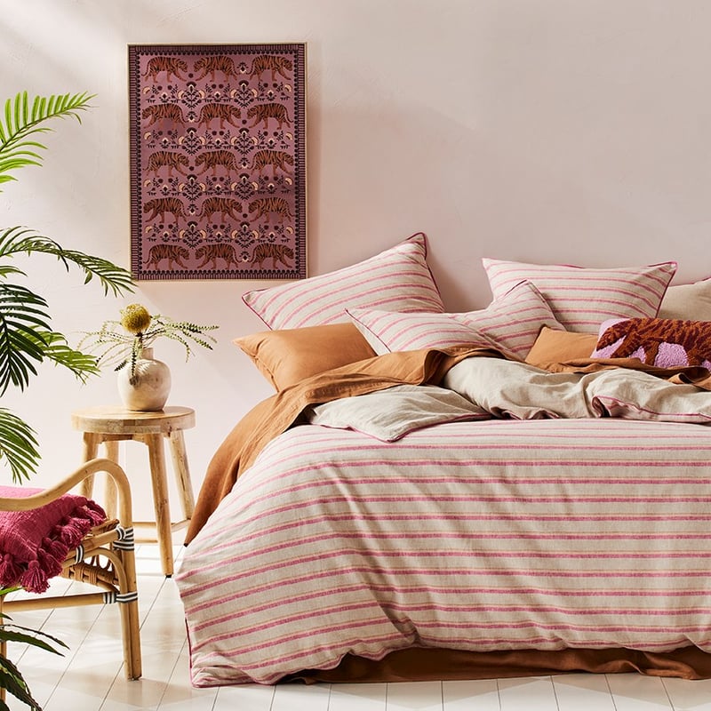 Vintage Washed Linen Raspberry Stripe Quilt Cover Set + Separates