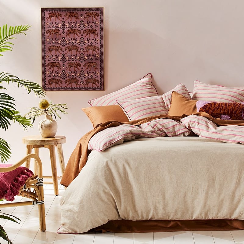 Vintage Washed Linen Raspberry Stripe Quilt Cover Set + Separates