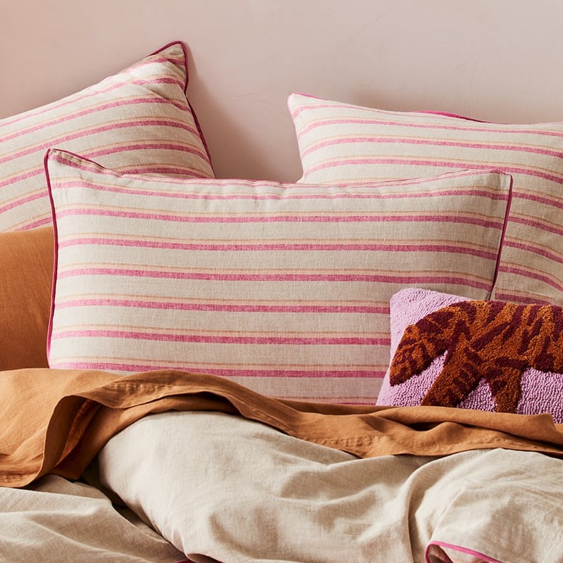 Vintage Washed Linen Raspberry Stripe Quilt Cover Set + Separates