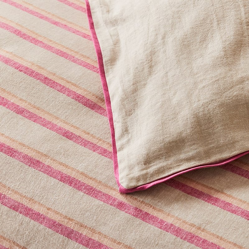 Vintage Washed Linen Raspberry Stripe Quilt Cover Set + Separates